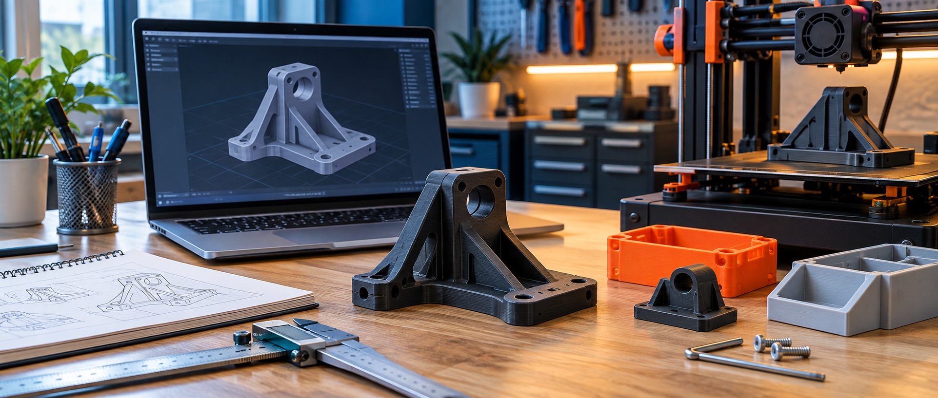 CAD model on a laptop beside functional 3D printed prototype parts and a 3D printer